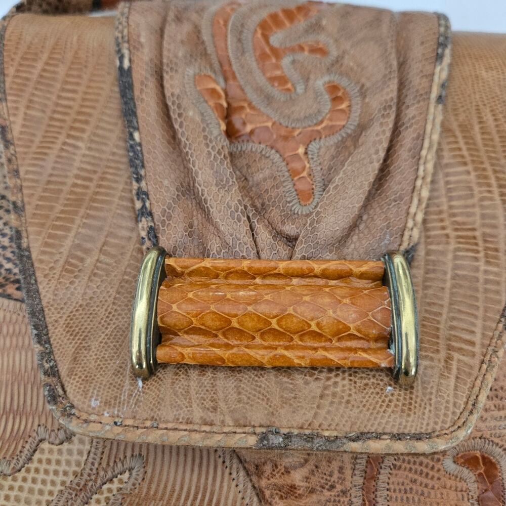 Vintage Sharif Patchwork Leather Crossbody Bag Boho Maximalist Reptile Embossed - Picture 2 of 13
